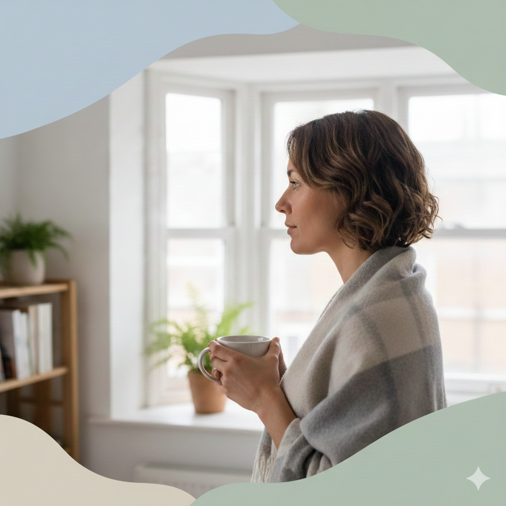 Woman holding coffee looking contemplatively out window